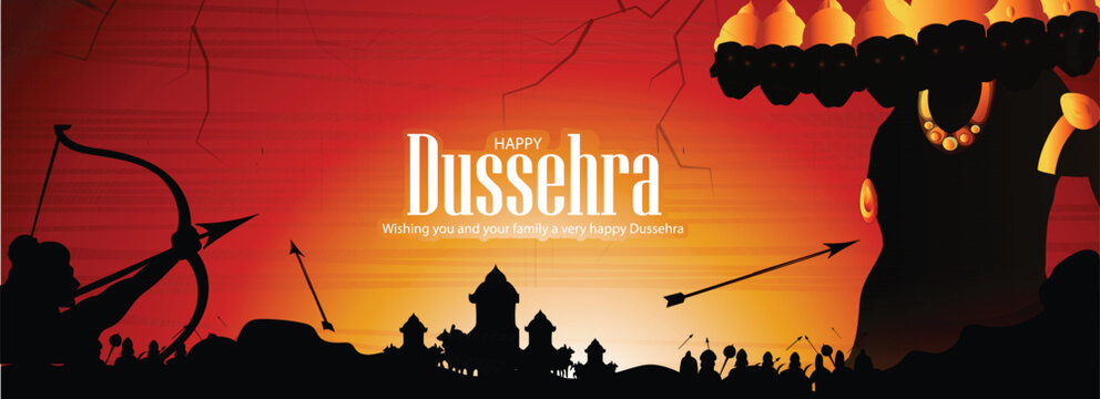 illustration of Lord Rama holding Bow and Arrow for hindu festival Dussehra killing ravana. 
