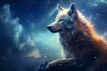Calm wolf beneath a starlit sky. Generative AI