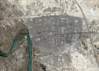 Aerial city, map and satellite view of urban road, building and cityscape outdoor of town. New...