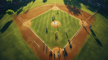 Top-down view from a drone capturing a team of baseball players showcasing their skills on a well-maintained diamond