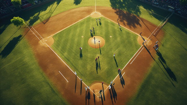 Top-down view from a drone capturing a team of baseball players showcasing their skills on a well-maintained diamond
