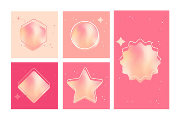 Cute aesthetic social media pink template, feed post, stories with gradient geometric shapes - circle, star, polygonal, rhombus, arch. Romantic style background template for social media.