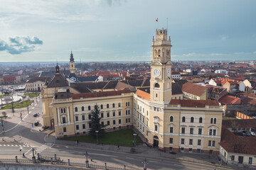Aerial art nouveau historical a majestic clock tower in the historic city of Oradea, captured from a stunning aerial perspective incity Oradea, Bihor, Romania