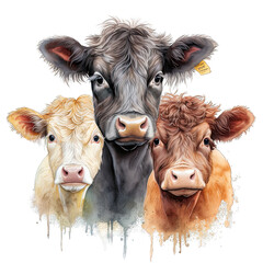 Three Cute Aberdeen Angus Cow Watercolor Png Graphic