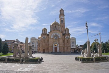 Banja Luka, Bosnia and Herzegovina - Oct 7, 2023: Cathedral Church of Christ the Savior. A walking in the center of Banja Luka. Srpska Republic of Bosnia and Herzegovina in a sunny autumn day