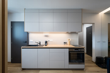 Fototapeta na wymiar Interior of kitchen in small urban apartment