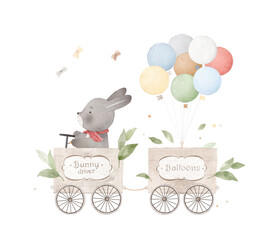 Cute bunny drives a train. Bunny seller of balloons. Watercolor illustration. Can be used for cards, invitations, baby shower, posters.
