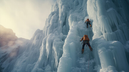 Drone shot capturing daredevil ice climbers scaling frozen waterfalls,  pushing their limits in extreme winter conditions