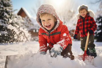 happy smiling children clearing snow by shovel after snowfall , love winter