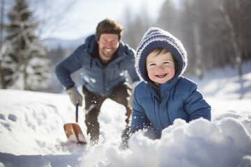 Fototapeta na wymiar happy smiling parent and child clearing snow by shovel after snowfall , love winter