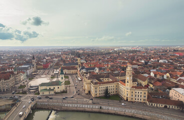 Aerial art nouveau historical Oradea's stunning cityscape with the scenic river flowing through its historic and art nouveau architecture incity Oradea, Bihor, Romania