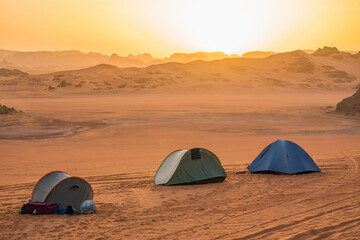 Aerial View of people camping in the Sahara desert, Djanet, Algeria, Africa.