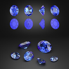 Demonstration of a blue oval-cut sapphire from different angles. Scheme of cutting. Scattering of gemstones. Black background. 3d rendering.