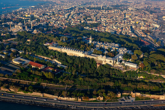 Aerial view of Topkapi Palace, Hagia Sophia and Old City, Istanbul, Turkey.