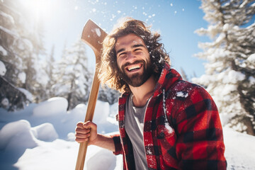 happy smiling handsome man clearing snow by shovel after snowfall , love winter
