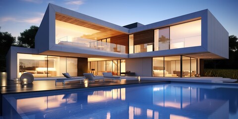 examples of modern swimming pools and luxury houses at night. - obrazy, fototapety, plakaty