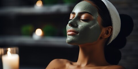young woman with green facial mask in spa salon