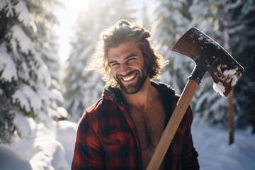 happy smiling handsome man clearing snow by shovel after snowfall , love winter