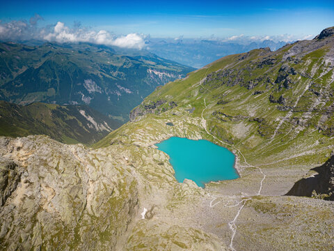 Aerial View of Wildsee, a beautiful mountain lake in Mels, Switzerland.