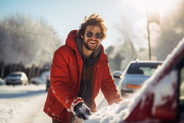 happy smiling handsome man clearing car from snow after snowfall , love winter time