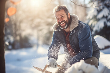 happy smiling handsome man clearing snow by shovel after snowfall , love winter - obrazy, fototapety, plakaty