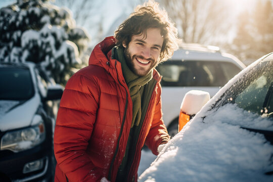 happy smiling handsome man clearing car from snow after snowfall , love winter time - Powered by Adobe