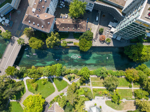 Aerial View of Schanzengraben river with canoes, Zurich, Switzerland.