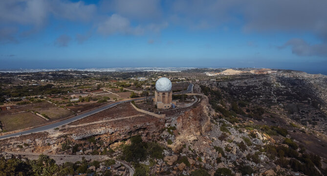 Aerial view of a meteorological station on the cliff along the coastline, Dingli, Malta.