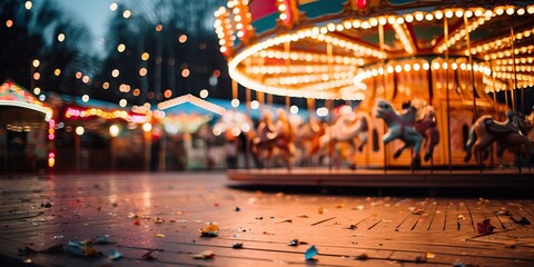 a merry go round at night with people on it - obrazy, fototapety, plakaty