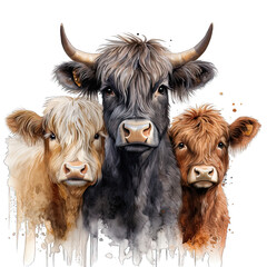 Three Cute Aberdeen Angus Cow Watercolor Png Graphic