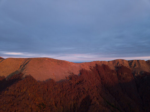 Aerial view of a mountain landscape at sunset, Elenova Gova peaks, Tyzha, Stara Zagora, Bulgaria.