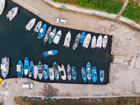 Aerial Drone Top Down View of Port Lozenets with Fishing Boats, Burgas, Bulgaria.