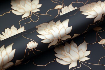 Delicate lotus pattern in powder shades, featuring golden lotuses on a dark background with an Asian touch. Generative AI