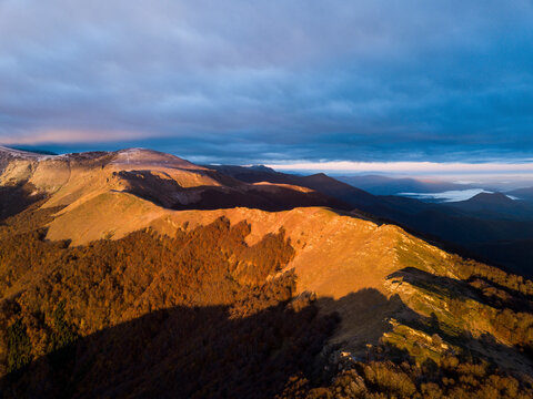 Aerial Drone View of Balkan Mountains Range in early morning sunrise, Bulgaria.