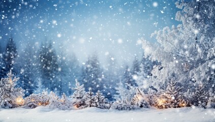 Christmas background. Winter landscape with snow covered trees and Christmas lights.