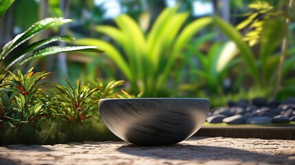 Tropical garden photo Stone bowl with flowing water