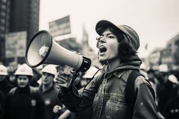 a woman shouting through megaphone on a workers environmental protest in a crowd in a big city. black and white documentary photo - obrazy, fototapety, plakaty
