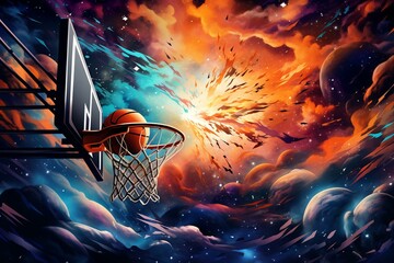Basketball and net floating in space with orange and blue colors, featuring clouds, stars, and the energy of March Madness. Generative AI