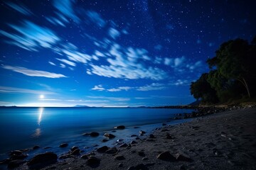 Night sky above serene beach with stars. Generative AI