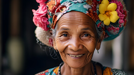 Elderly Woman with Floral Headscarf and Vibrant Smile in Closeup Portrait