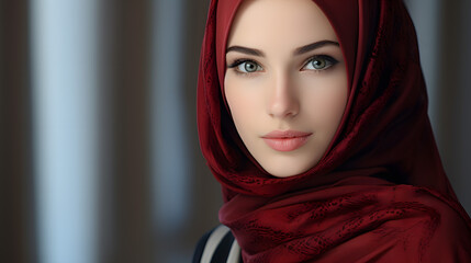 Naklejka premium Digital portrait of a woman wearing a red hijab with intricate details, showcasing her expressive eyes and subtle features.