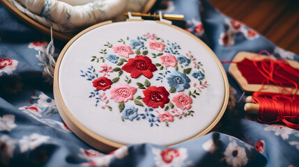Fototapeta na wymiar Hand embroidery of flowers