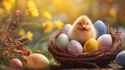 Easter yellow chicken in a basket with dyed eggs. Happy Easter - obrazy, fototapety, plakaty