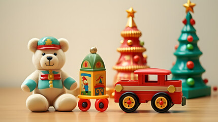 Christmas Themed Children's Toys with Teddy Bear and Toy Train Set