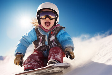 Fototapeta na wymiar portrait of young snowboarder, happy child in winter