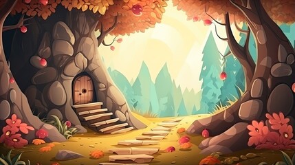 autumn forest entrance, children's book illustrator style 