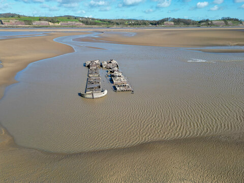 Aerial view of a shipwreck sinked in the Severn River, Gloucester, England, United Kingdom.