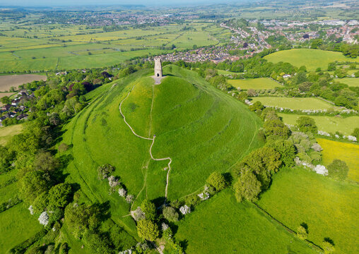 Aerial view of Glastonbury Tor, historical monument on the hill, Somerset, England, United Kingdom.