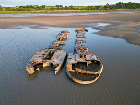 Aerial view of a shipwreck sinked in the Severn River, Gloucester, England, United Kingdom.