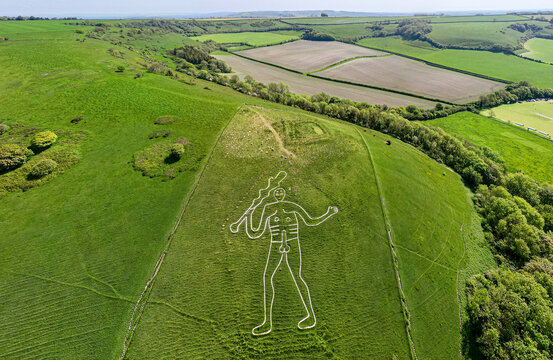 Aerial view of Cerne Abbas giant, a majestic draw in a field in Dorchester, England, United Kingdom.